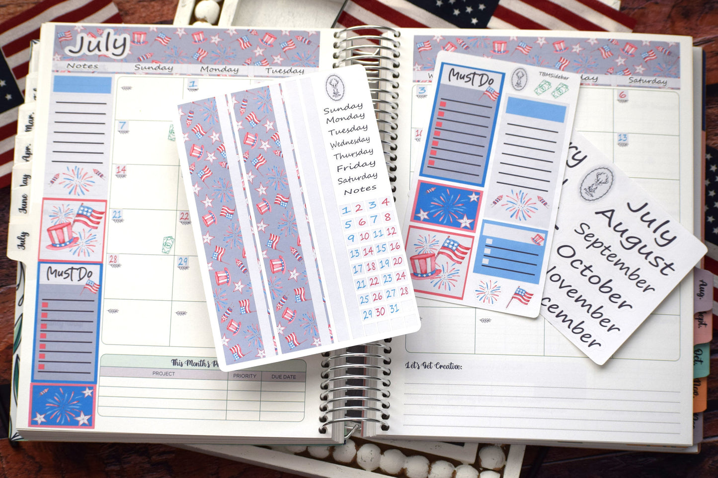Monthly Header Planner Sticker Sheet for Erin Condren| TBM Live Rich Planners, 4th of July