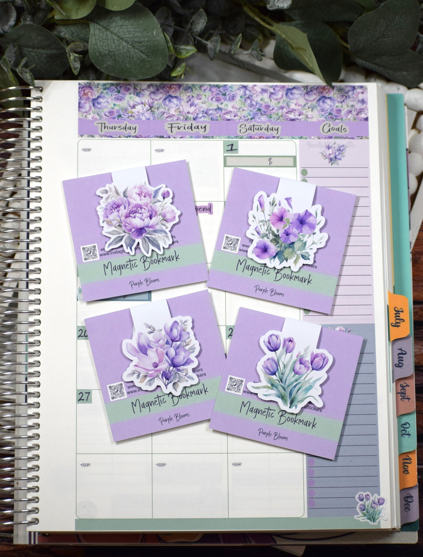 Magnetic Bookmarks, Purple Blooms Theme