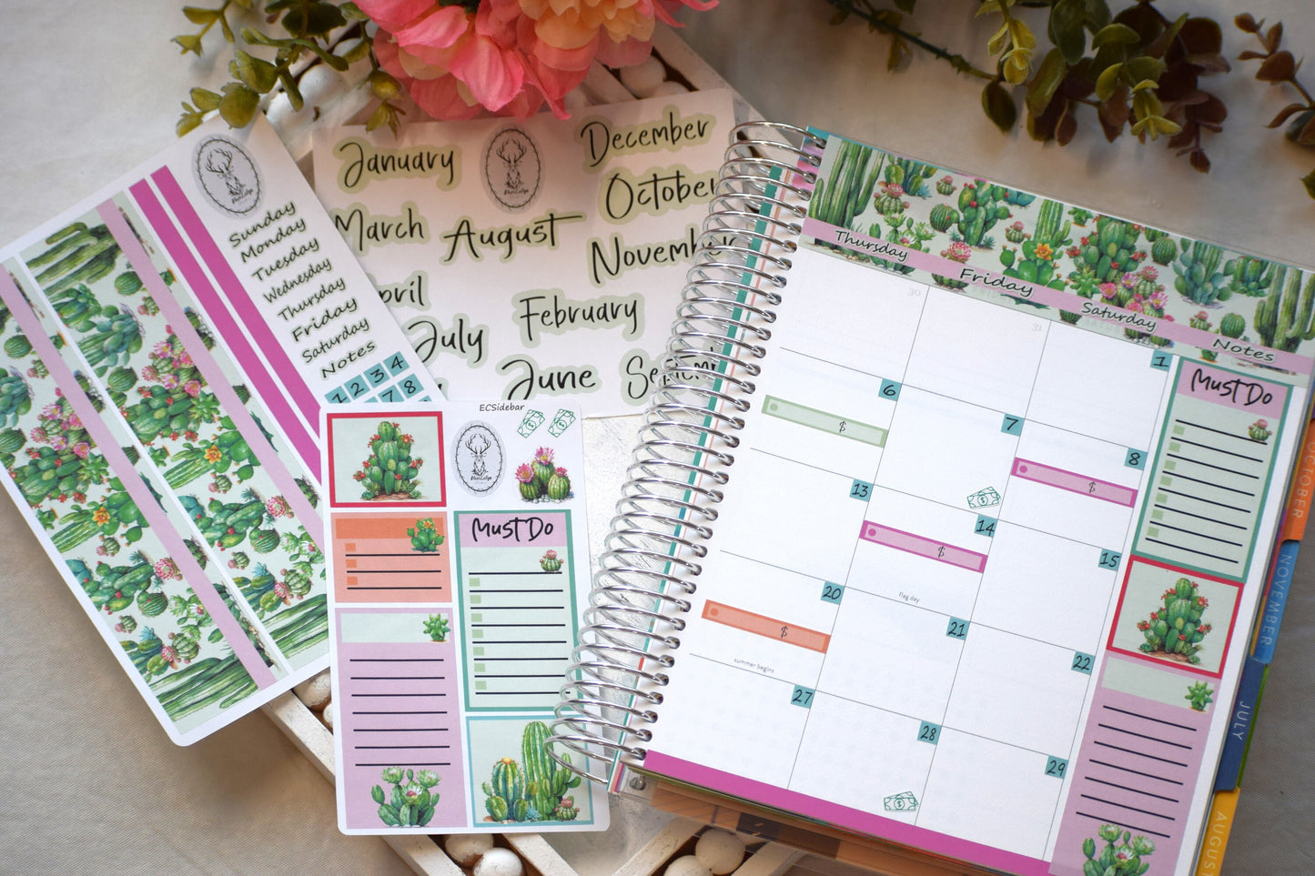 Monthly Header Planner Sticker Sheet for Erin Condren| TBM Live Rich Planners Cactus