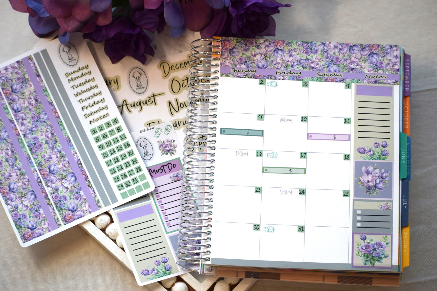 Monthly Header Planner Sticker Sheet for Erin Condren| TBM Live Rich Planners, Purple Blooms
