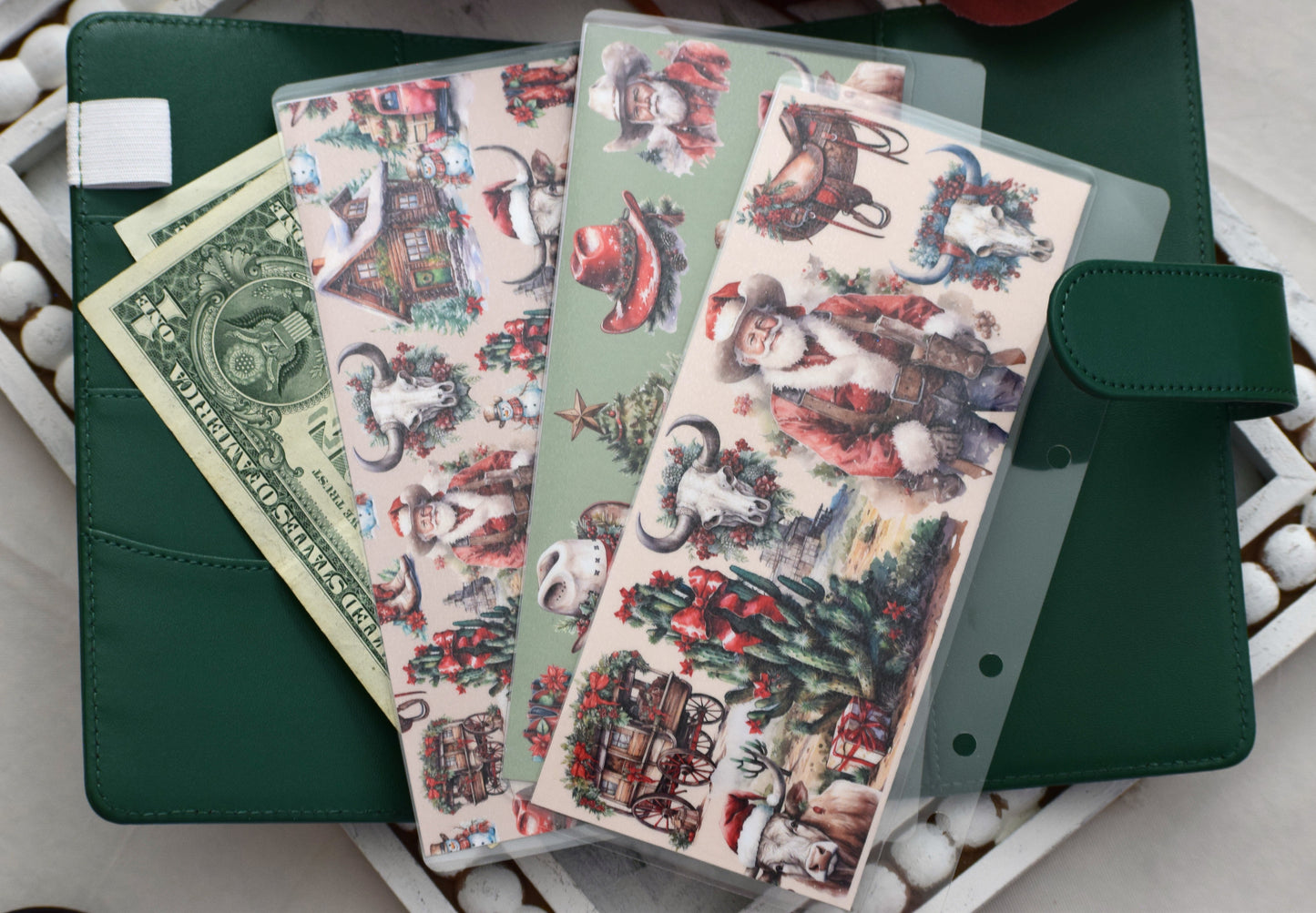 A6 Laminated Cash Envelopes, Cash Binder Envelope, Western Christmas Theme