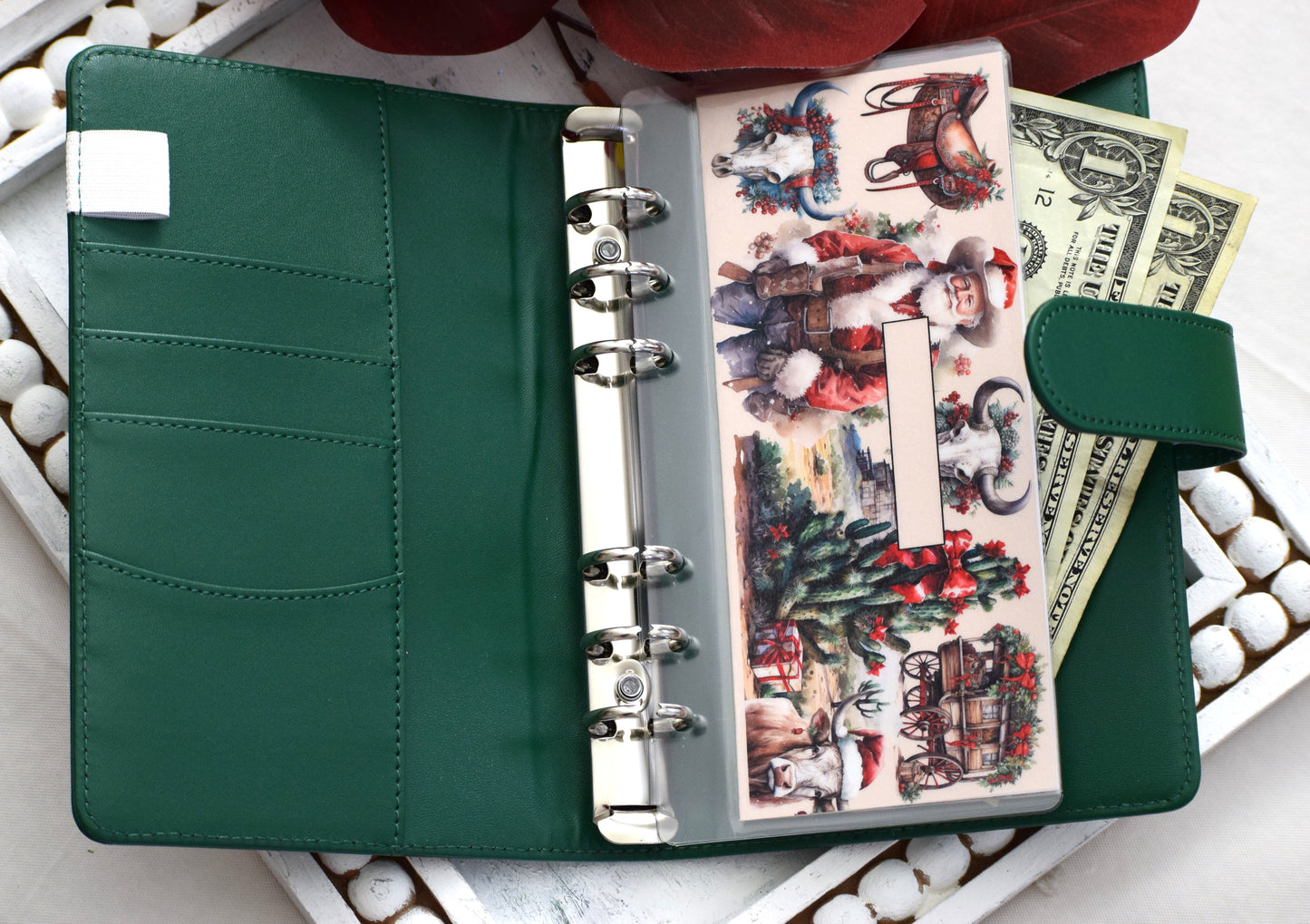 A6 Laminated Cash Envelopes, Cash Binder Envelope, Western Christmas Theme