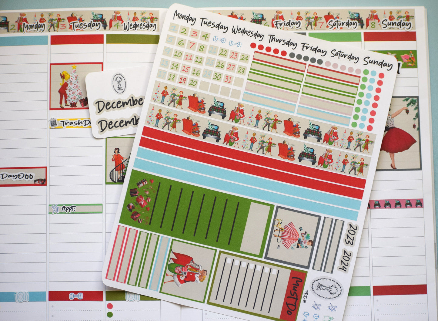 Plum Paper 7x9 Vertical Columns Weekly Planner Sticker Kit #15, Retro Christmas