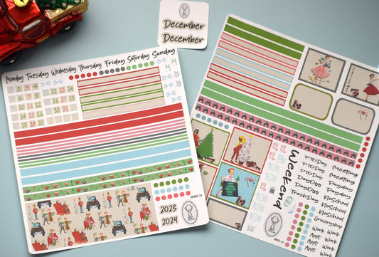 Plum Paper 7x9 Quad Lined and Blank Weekly Planner Sticker Kit #15, Retro Christmas