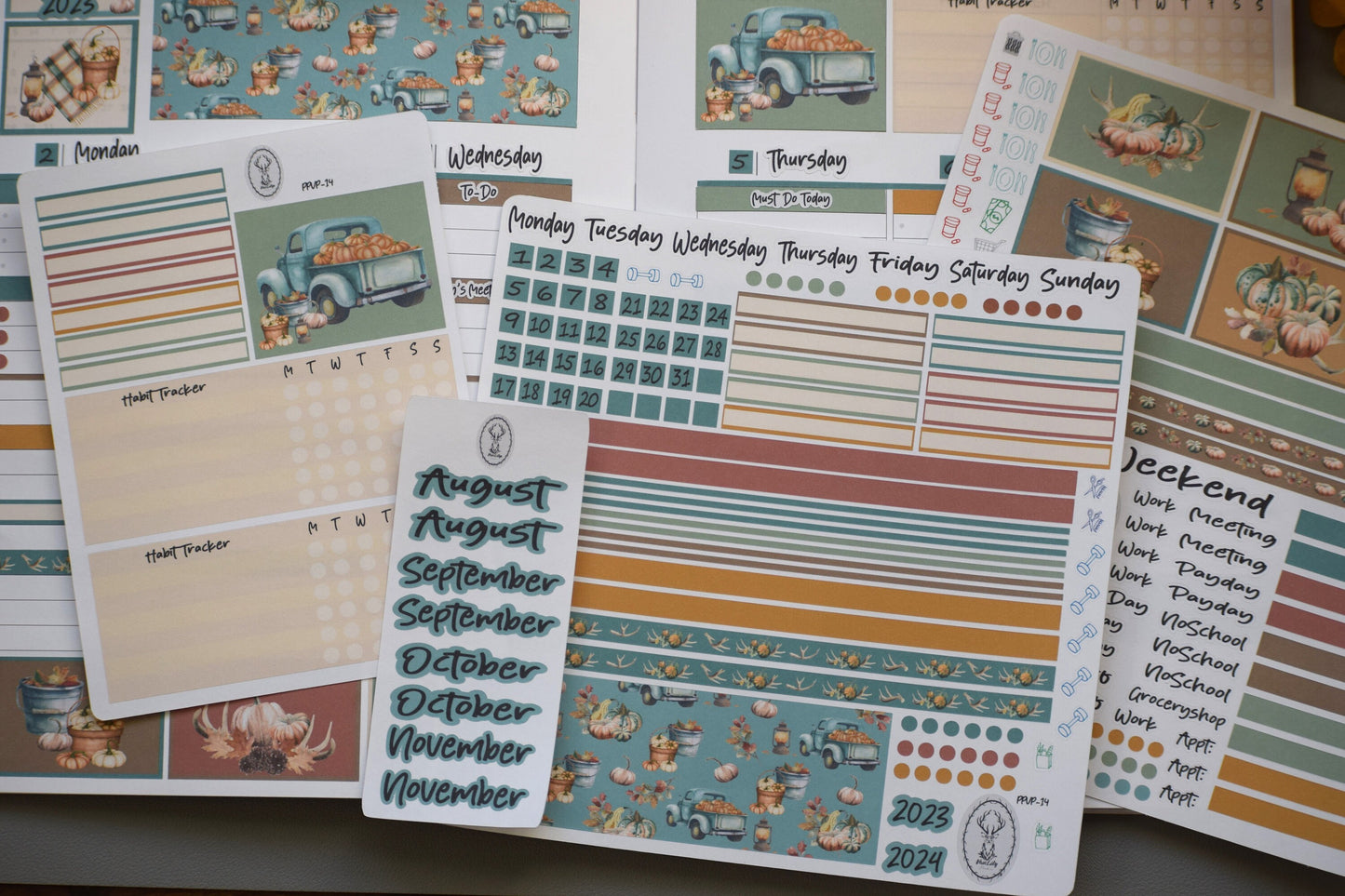 Plum Paper 7x9 Vertical Priorities Weekly Planner Sticker Kit #14 Autumn Blue Truck