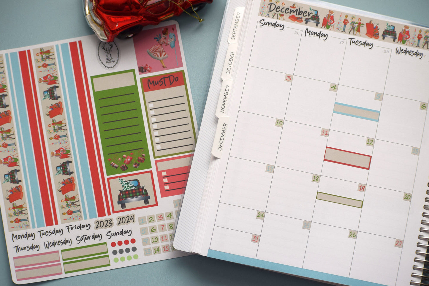 Plum Paper 7x9 Monthly Header Sheet Planner Stickers #15, Retro Christmas