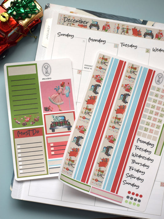 Plum Paper 8.5x11 Monthly Header Sheet Planner Stickers #15, Retro Christmas
