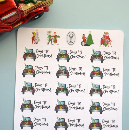 Christmas Countdown Planner Stickers, Retro Christmas