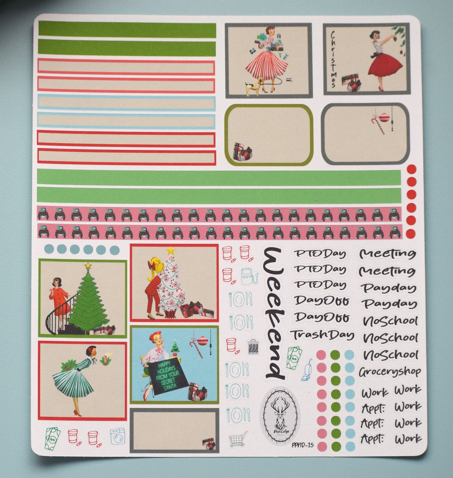 Plum Paper 7x9 Notes And Days Weekly Planner Sticker Kit #15,  Retro Christmas