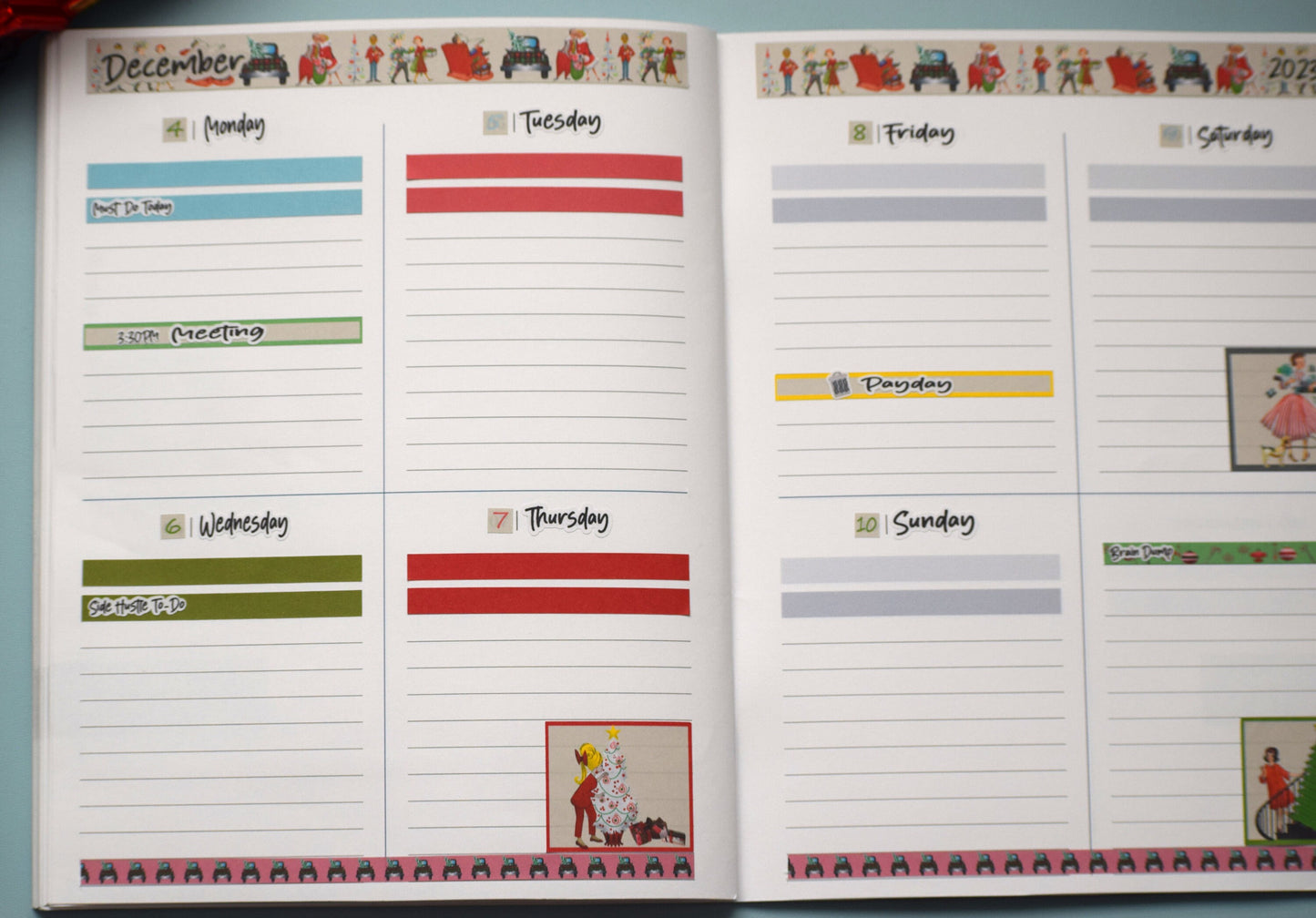 Plum Paper 7x9 Quad Lined and Blank Weekly Planner Sticker Kit #15, Retro Christmas