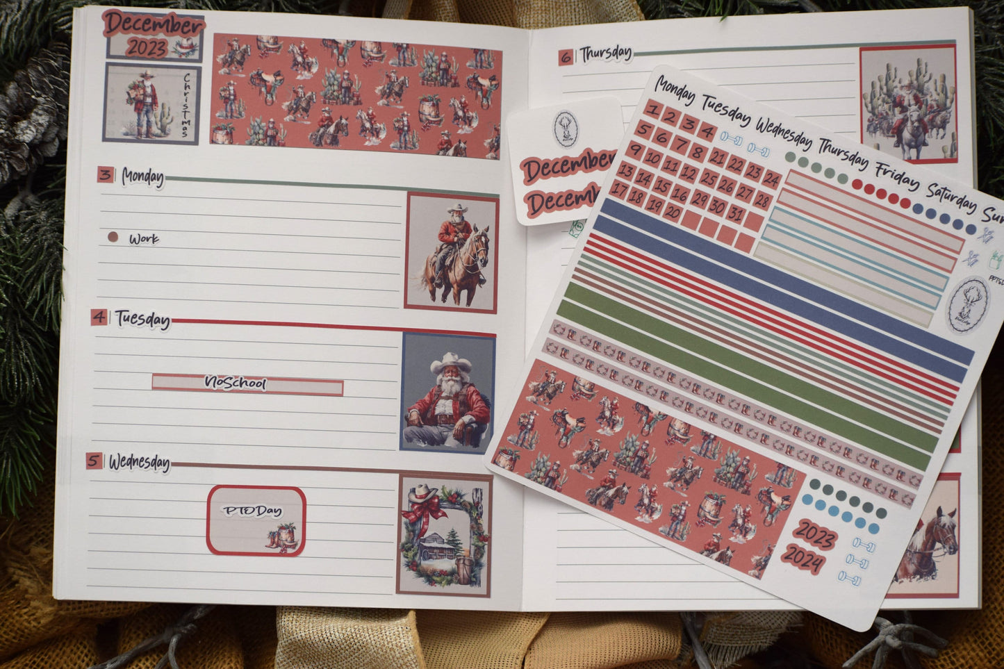 Plum Paper 7x9 Two Sided Days Weekly Planner Sticker Kit #16, Western Santa