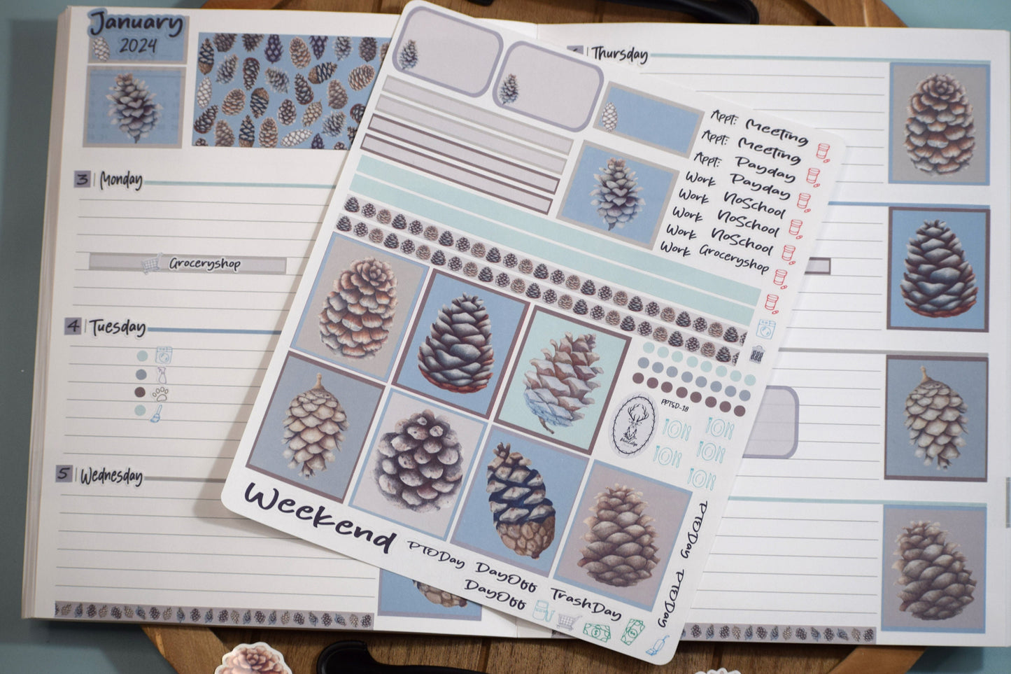 Plum Paper 7x9 Two Sided Days Weekly Planner Sticker Kit #18, Winter of Pinecones