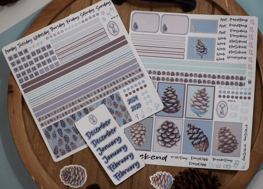 Plum Paper 7x9 Two Sided Days Weekly Planner Sticker Kit #18, Winter of Pinecones