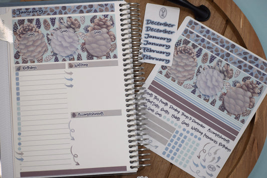 Plum Paper A5 Monthly Dashboard Planner Stickers #18, Winter of Pinecones