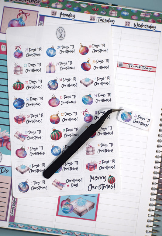 Christmas Countdown Planner Stickers, Baubles Baubles Baubles