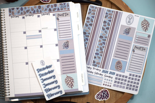 Plum Paper 7x9 Monthly Header Sheet Planner Stickers #18, Winter of Pinecones