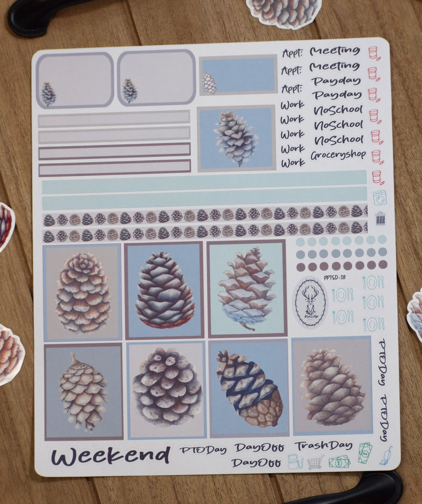 Plum Paper 7x9 Two Sided Days Weekly Planner Sticker Kit #18, Winter of Pinecones