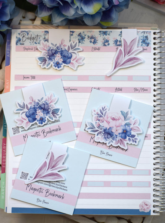 Magnetic Bookmarks, Blue Flower Theme